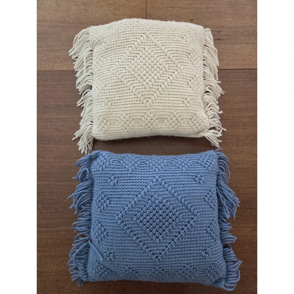 Pair Of Crochet Throw Pillows Blue And Off White Cream Diamond Afghan‎ Style